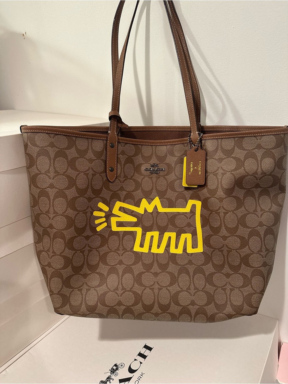Coach Brown Sign Tote Reversible with Yellow Dog Graphic By Keith Haring’s - Picture 1 of 12